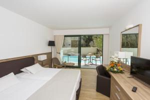 法里拉基卡吕普索宫度假村的一间卧室设有一张床和一台电视,还设有一间客厅。