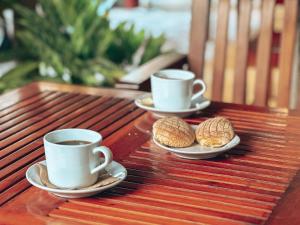 奇琴伊察卡萨鲁乃旅馆的木桌旁的两杯咖啡和饼干