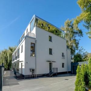 科隆Villa Rheinblick的一座白色的建筑,顶部有屋顶