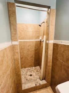 凯迪拉克阳光雪花酒店的带淋浴和瓷砖淋浴的浴室
