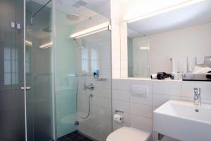 乌斯特Hotel Ochsen的带淋浴、卫生间和盥洗盆的浴室