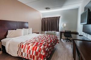 圣安东尼奥Red Roof Inn San Antonio - Seaworld Northwest的配有一张床和一张书桌的酒店客房