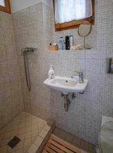 布达佩斯Birdnest Apartment的一间带水槽和淋浴的浴室