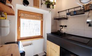 布达佩斯Birdnest Apartment的厨房配有黑色台面和窗户