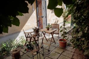 布达佩斯Birdnest Apartment的庭院配有桌椅和植物