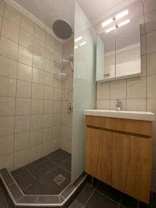 卡瓦拉White Apartment的一间带水槽和淋浴的浴室