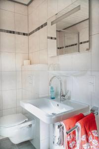 巴特莱辛哈尔Ferienwohnungen Quellenhof的白色的浴室设有水槽和卫生间。