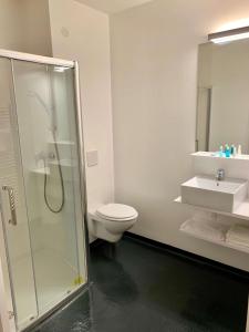LatresneBrit Hotel Bordeaux Arena的带淋浴、卫生间和盥洗盆的浴室