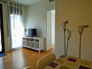 埃斯塔蒂特Apartamento Lliris Sol的客厅配有桌子、电视和桌子。