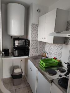 达克斯Studio proche centre-ville的厨房配有白色橱柜和位于柜台的绿色托盘