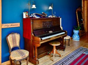 卡拉马塔VASILIKON Hotel 1888 the past is present的蓝色房间中的木钢琴,带两把椅子