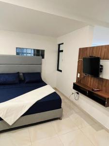 卡利Hotel Suites Cristo Rey的一间卧室配有一张床和一台平面电视