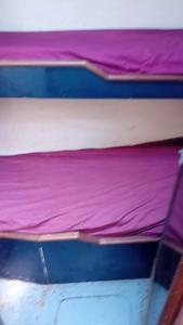 莱特鲁瓦西莱Joli voilier de 13m的两张双层床,配有紫色和白色床单