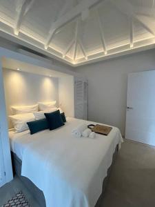 Saint BarthelemyAppartement 2 chambres en plein cœur de St Jean的卧室配有带蓝色枕头的大型白色床