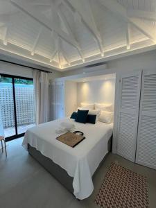 Saint BarthelemyAppartement 2 chambres en plein cœur de St Jean的卧室配有带蓝色枕头的大型白色床