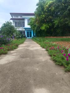 万荣Dokchampa Hotel的一条路,在一座布满鲜花的蓝色建筑前