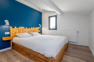迪涅莱班Plaines-Provence Spa&Sauna的一间卧室设有一张蓝色墙壁的大床