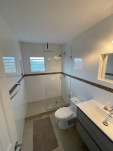 辛普森湾New* Tropical Modern Townhouse in SXM的白色的浴室设有卫生间和水槽。