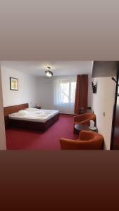代日Hotel Elyon Dej的一间卧室配有一张大床和两把椅子
