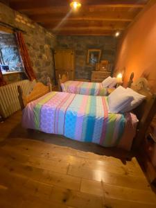 戈尔韦Traditional Stone Cottage 300 years+的一间卧室设有两张床和石墙