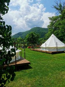 BălanGreen Garden Glamping Retezat的山地的白色帐篷