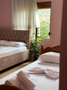 MemaliajVjosa Guest House的卧室设有两张床,带窗户
