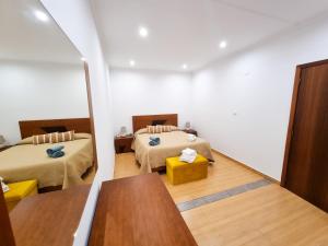阿科达卡列塔Casa Torbit, Apartment in Arco da Calheta的客房享有带两张床和镜子的客房的景致。