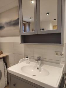 DietramszellMoarhof Ferienwohnung2的浴室设有白色水槽和镜子