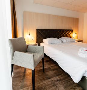 贝尔普Los Lorentes Aparthotel Bern Airport的配有一张床和一把椅子的酒店客房