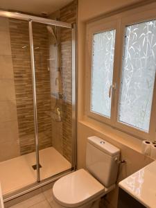 布格奈斯STUDIO proche aéroport的带淋浴和卫生间的浴室以及窗户。