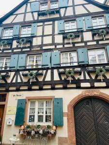 维桑堡Historisches Gästehaus Au Faucon的黑白的建筑,有窗户和植物