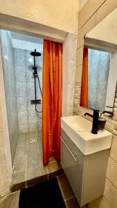 MamoudzouStudio Loulou, Tsoundzou2的浴室设有橙色淋浴帘和水槽