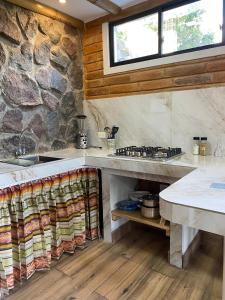 科塔卡奇Watzara Wasi Cottage Familiar Camprestre Y Lofts en Cotacachi的厨房配有炉灶和石墙