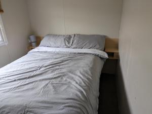 BalminnochThe Hidden Gem in Galloway Forrest的小型客房的一张床位,配有床边裙