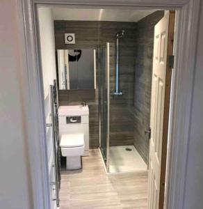 KentBeautiful 5Bedroom Hse-Contractor/Family/Corporate的浴室配有卫生间、淋浴和盥洗盆。