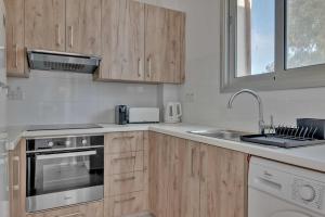 尼科西亚Phaedrus Living: City Center Residences Emerald的一个带木制橱柜和水槽的厨房
