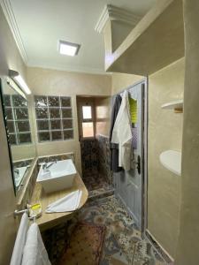 拉拉塔可库斯特Tiki House Marrakech chez Paul的一间带水槽、镜子和淋浴的浴室