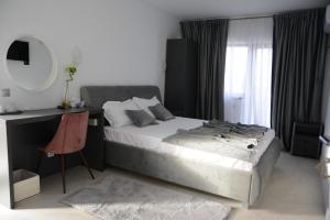 DrăgăşaniComplex Braniște的一间卧室配有一张床、一张书桌和一面镜子