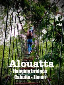 卡维塔Alouatta Hanging Bridges Adventure and Lodge的穿过丛林悬索桥的女人