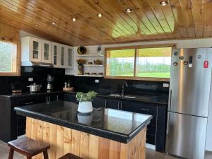 拉塔昆加Country home with grill的厨房配有黑色柜台和不锈钢冰箱。