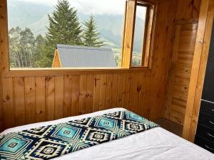 拉塔昆加Country home with grill的木制客房的一张床位,设有窗户