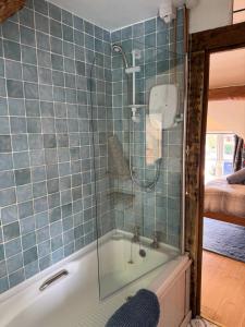 Llanrhaeadr-ym-MochnantAnnie’s Cottage的蓝色瓷砖浴室设有淋浴和浴缸