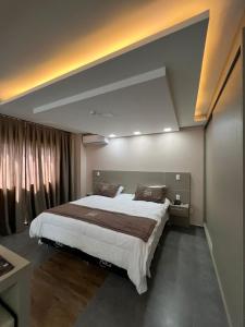 托莱多Nayru Hotel的一间卧室设有一张大床和一个大窗户