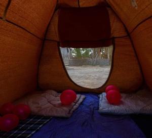 锡瓦غزاله كامب的帐篷内的一张小床,配有窗户