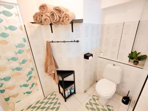 弗利康弗拉克Fibonacci Beachfront Apartment的一间带卫生间和淋浴的小浴室