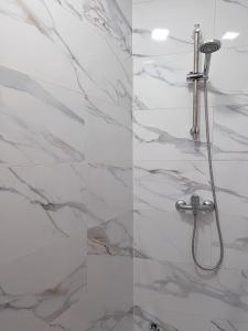 塞维利亚lofts sevilla center的浴室设有白色大理石瓷砖和淋浴。