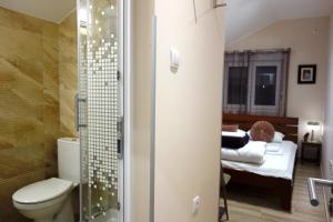 贝尔格莱德Villa Loop Beograd的一间带卫生间的浴室和一间卧室