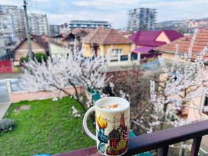 克卢日-纳波卡Camelia's Apartment的坐在阳台上享用一杯咖啡
