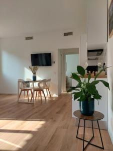 莱科Casa Mappamondo的客厅配有桌子和盆栽植物