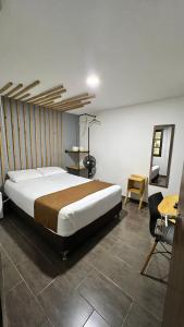 麦德林Rivière Boutique Hotel的一间卧室配有一张大床和一张书桌